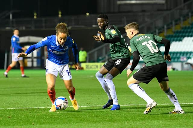 Marcus Harness launches a Pompey attack in tonight's Home Park clash with Plymouth. Picture: Graham Hunt/ProSportsImages