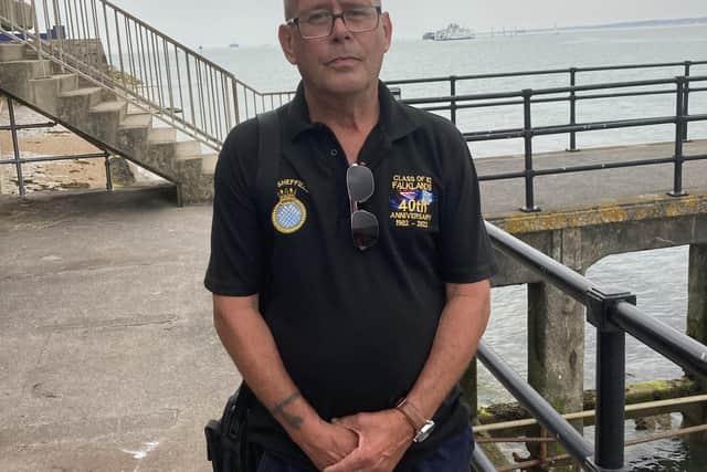 Falklands veteran Simon Westbrook at the bench and plaque unveiling for the 40th anniversary at the Square Tower Old Portsmouth