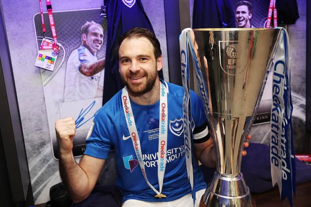 Brett Pitman skippered Pompey to the Checkatrade Trophy in March 2019. Picture: Joe Pepler