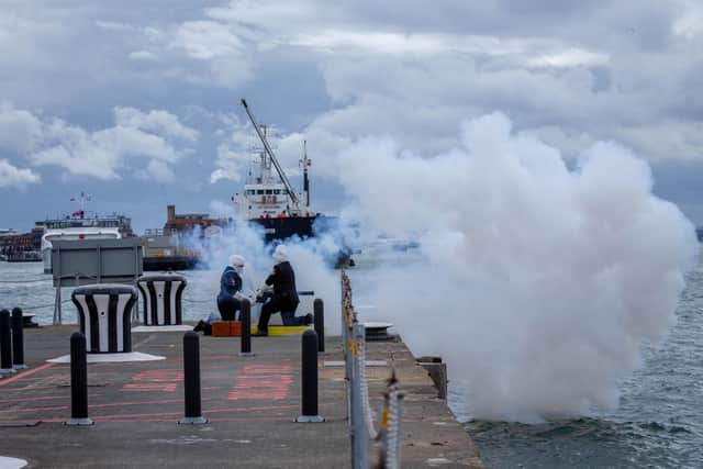 Members of the Royal Navy conduct a 117-gun salute in Portsmouth Naval Base to mark the death of the Queen. Picture: Habibur Rahman