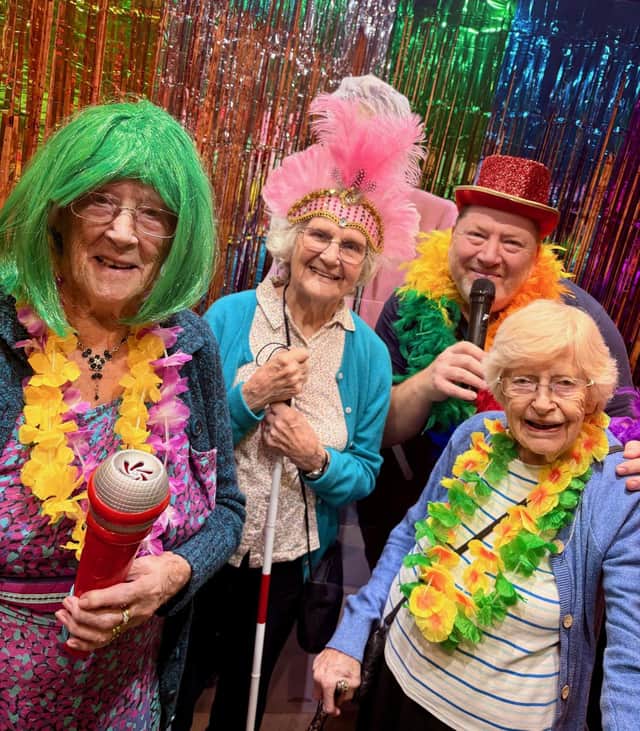 Joyce Courtney,  Joan Raddon, Margaret Day and Dave Leonard all joined in karaoke in the lift at Wellington Vale care home