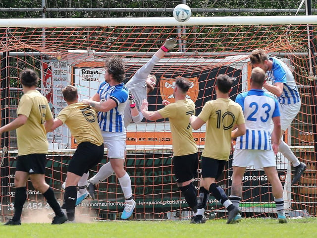 Penalty box action from the Challenge Cup final between Wicor Mill (gold shirts) and Coach & Horses Albion. Picture: Chris Moorhouse (jpns 210523-09)