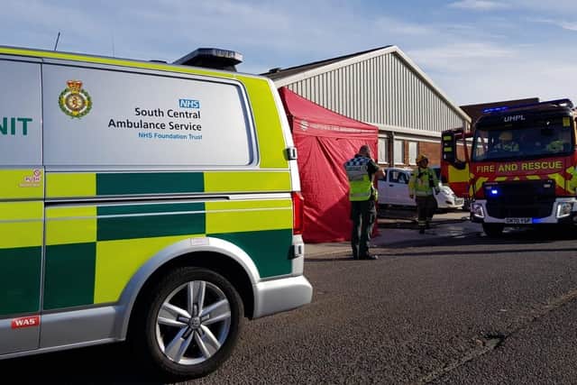 Crews from Southsea and Cosham attend workshop in Claybank Road, Portsmouth, at around 2.45pm on 17 October, 2022, after a hazardous materials incident. Pic Stu Vaizey