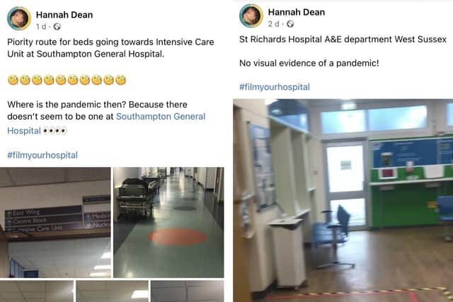 Photos posted by the Hannah Dean Facebook account falseley claim that St Richard's Hospital in Chichester and Southampton General Hospital are empty - and that there is no Covid-19 pandemic.