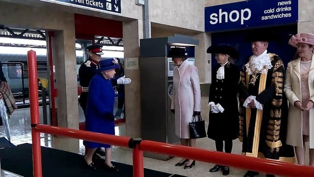 Hon. Mary Montagu-Scott, as High Sheriff of Hampshire, with the Queen at Portsmouth Harbour railway station when the Queen came to commission HMS Queen Elizabeth in 2017