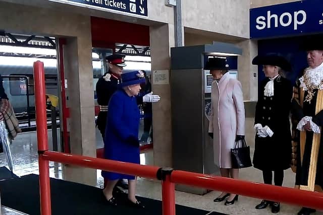 Hon. Mary Montagu-Scott, as High Sheriff of Hampshire, with the Queen at Portsmouth Harbour railway station when the Queen came to commission HMS Queen Elizabeth in 2017