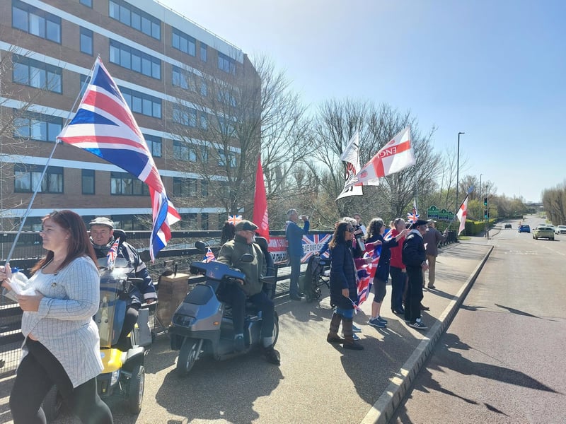 Illegal immigration protestors gathered outside Roebuck House in Cosham on Sunday, March 30.