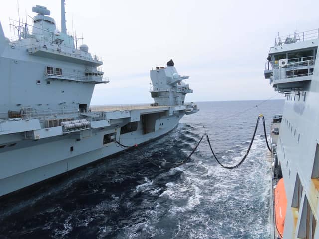 HMS Queen Elizabeth undertook refuelling exercises with RFA Tideforce off the coast of Whitby, North Yorkshire.