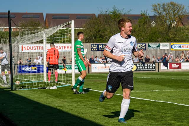 Tommy Wright has just scored for Salisbury against Wantage in the Southern League Division 1 South & West League in 2017. Pic: Michael Berkeley