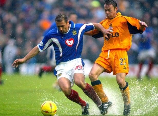Gianluca Festa holds off Paul Dickov during the infamous November 2002 clash with Leicester at Fratton Park