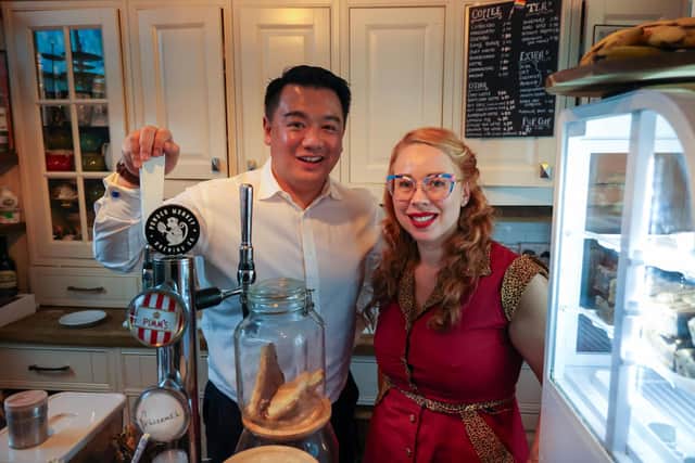 Alan Mak MP with Queenie Butler-Hoskins at Queenie's Vintage Tea Room in Emsworth