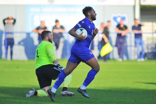 Rudi Blankson netted his 10th goal of the season as Baffins Milton Rovers won 3-0 at Hamworthy. Picture: Martyn White