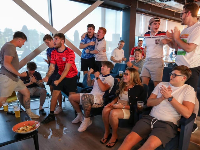 Celebrating Kane levelling from the spot. Fans watch Netherlands v England, UEFA Euros 2024 semi-final played in Dortmund, at Village Hotel, Lakeshore Drive, CoshamPicture: Chris  Moorhouse (100724-049)