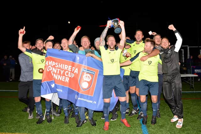 Harvest Home celebrate winning the Hampshire Vase following a 4-1 final win over FC Strawberry at Front Lawn in Havant last month. Pic: Martyn White.