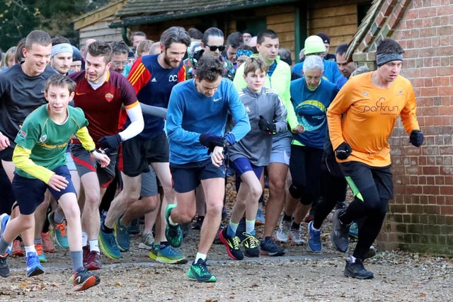 Runners braving the cold as they set off for the Parkrun at Staunton Country Park, Havant