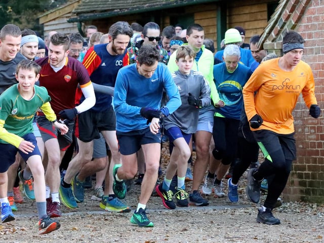 Runners braving the cold as they set off for the Parkrun at Staunton Country Park, Havant