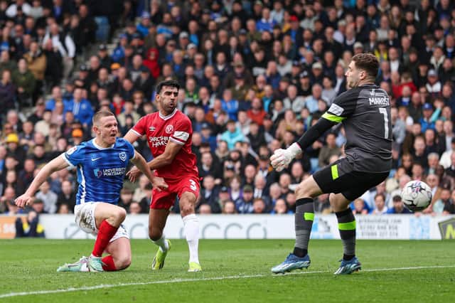 Colby Bishop makes it 3-1 to Pompey as they claimed a crucial win over Shrewsbury. Picture: Kieran Cleeves/PA Wire.