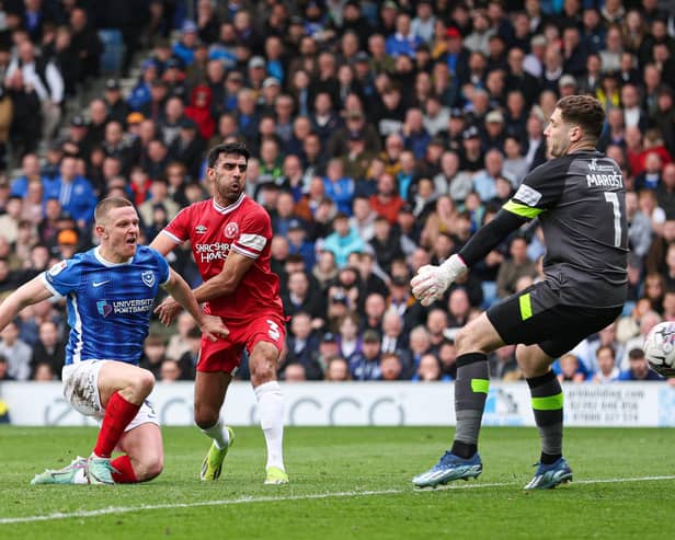 Colby Bishop makes it 3-1 to Pompey as they claimed a crucial win over Shrewsbury. Picture: Kieran Cleeves/PA Wire.