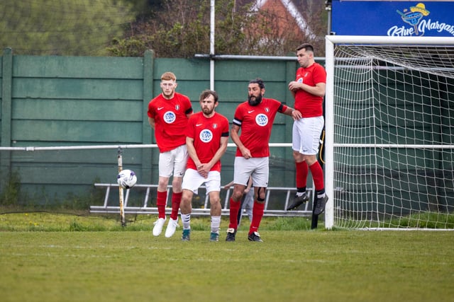 Gosport Town defend a free-kick during their 4-0 victory over Lee Rangers in the Portsmouth & District FA Trophy final at Cams Alders. Picture: Alex Shute