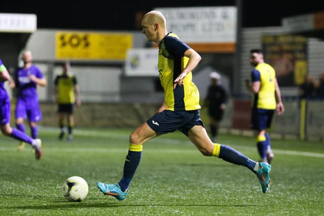 Moneyfields defender Harry Birmingham v AFC Stoneham. Picture by Nathan Lipsham
