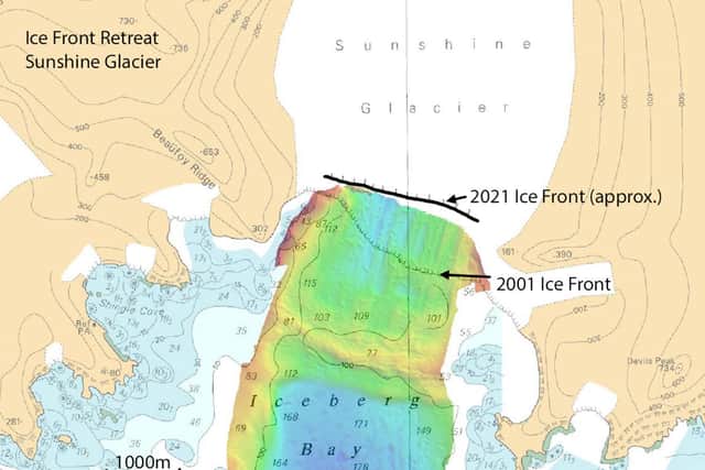 The ice front's position has been marked, showing a huge reduction in the glacier's size.