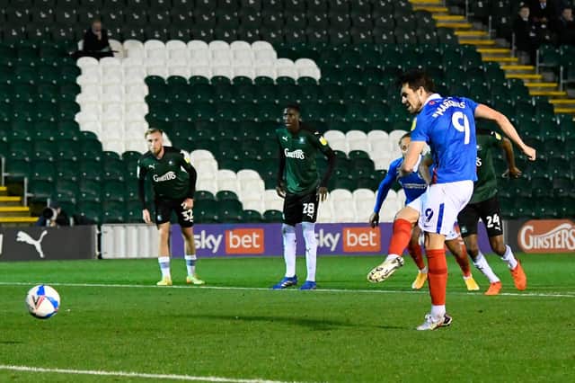John Marquis finishes from the penalty spot at Plymouth for his eighth League One goal of the campaign - equalling last season's tally already. Picture: Graham Hunt/ProSportsImages