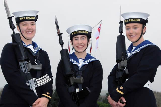 Able Seamen (left to right) Heather Addison-Prout, Daisy Kynaston and Harriet Vinall. Pic Dave Sherfield, HMS Raleigh