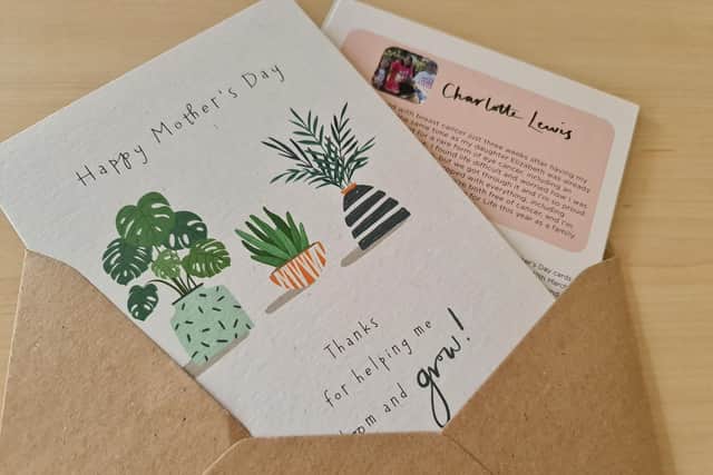 Charlotte Lewis' Mother's day card for Race for Life on sale in Tesco