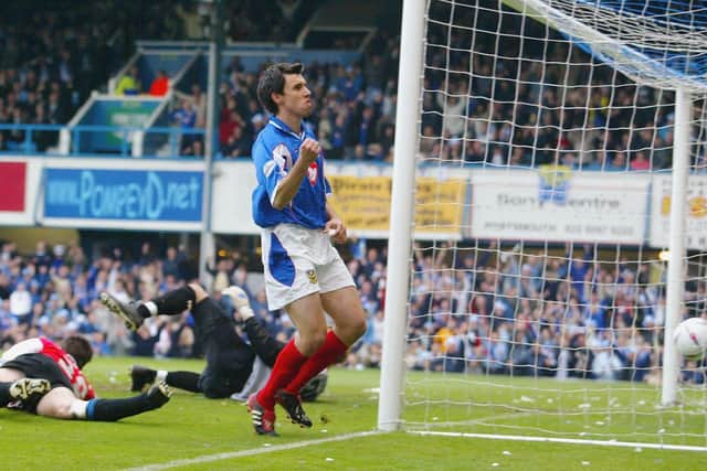 Svetoslav Todorov scores as Pompey win the Division One title against Rotherham. (Photo by Mike Hewitt/Getty Images)