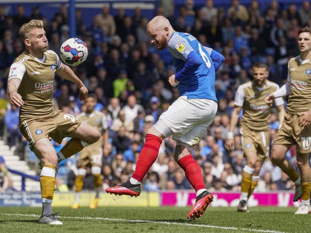 Connor Ogilvie goes close with a headed opportunity against Wycombe on Sunday. Picture: Jason Brown/ProSportsImages