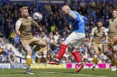 Connor Ogilvie goes close with a headed opportunity against Wycombe on Sunday. Picture: Jason Brown/ProSportsImages