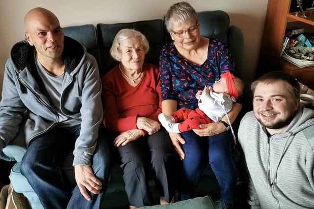 Five generations, from left: grandson, Joyce, daughter Rose, great great grandchild and great grandson. Taken in November 2019,