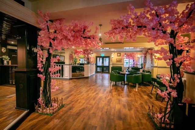 The restaurant has been dressed in cherry blossom decorations throughout.