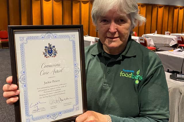 Jackie Peters, 75, was nominated for a civic award for her 'outstanding dedication’ supporting needy families as part of the Portsmouth Food Bank team.