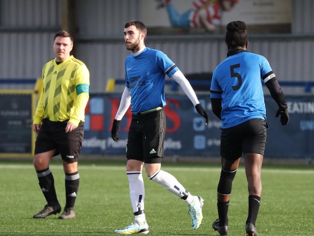 Harry Knight celebrates after scoring his third goal and Eastney's fifth. Picture: Stuart Martin
