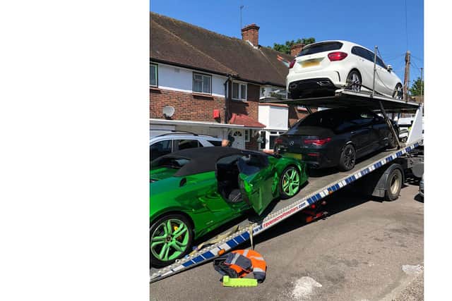 In the early hours of Tuesday, 12 May officers from the Met's Specialist Crime Command carried out three simultaneous search warrants at residential addresses in London. The warrants form part of a joint investigation by the MPS and Hampshire Constabulary into a county line being run between London and Hampshire. Officers arrested five people and seized a Lamborghini. Picture: Hampshire police