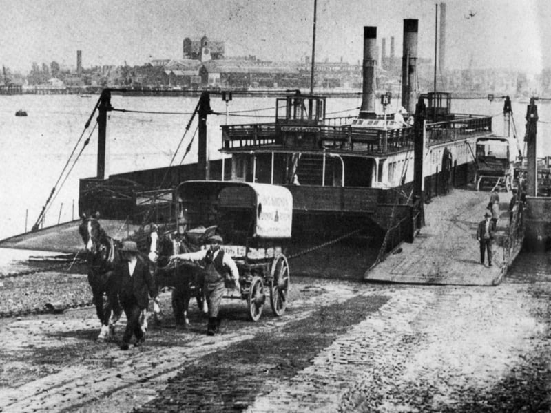 A horse-drawn cart disembarks from the floating bridge at Gosport in 1900