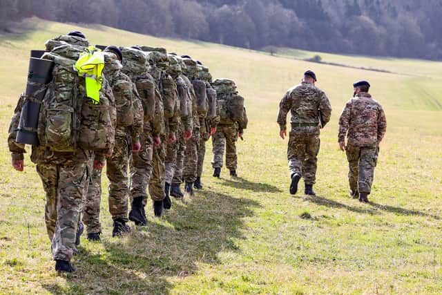 Some of the rookie sailors from HMS Collingwood pictured during their exercise on Salisbury Plains. Photo: LPhot Rory Arnold