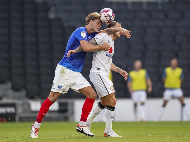 Pompey central defender Ryley Towler attempts to clear against MK Dons. Picture: Jason Brown/ProSportsImages