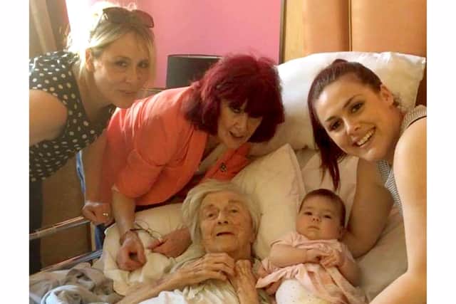 Joyce with her daughter Carol, grandaughter Selina, great-grandaughter Charlotte and great-great-grandaughter Ava.