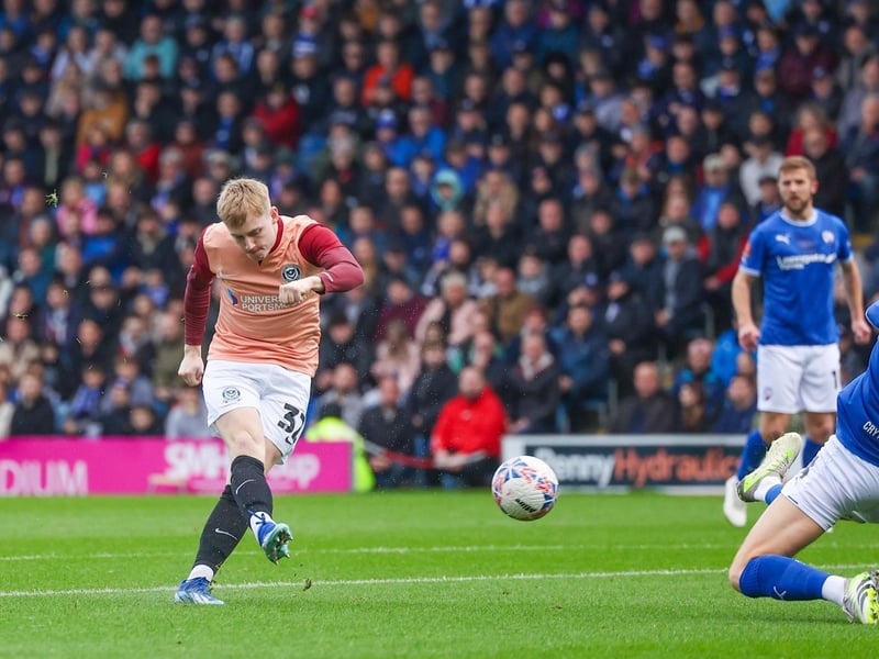 Paddy Lane 's early goal attempt is blocked by ex-Pompey captain Tom Naylor. Picture: Simon Davies/ProSportsImages