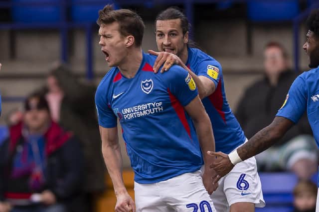 Sean Raggett celebrates scoring for Pompey against Tranmere. Picture: Daniel Chesterton/phcimages.com
