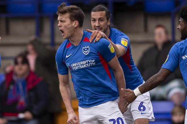 Sean Raggett celebrates scoring for Pompey against Tranmere. Picture: Daniel Chesterton/phcimages.com