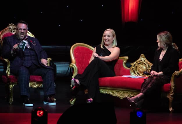 From left: Jack Edwards interviews Kerry Ellis and Louise Dearman onstage during Wicked Nights. Picture by The Kings Theatre