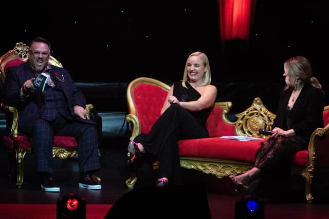 From left: Jack Edwards interviews Kerry Ellis and Louise Dearman onstage during Wicked Nights. Picture by The Kings Theatre
