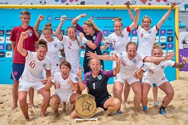 England celebrate their Beach Soccer victory in Portugal. Picture: England Beach Soccer.