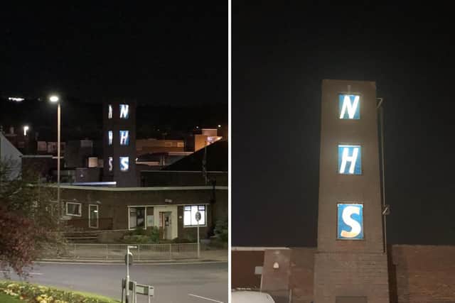 Cosham Fire Station lights up in tribute to NHS frontline staff. Picture: Supplied