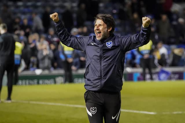 Danny Cowley celebrates with the Fratton faithful after the dramatic 3-2 success over Wigan in April. Picture: Jason Brown/ProSportsImages