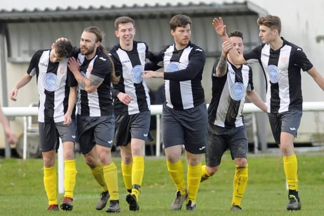 Hayling United celebrate a goal in the 4-1 victory at Fleetlands. Picture: Ian Hargreaves