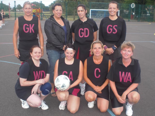 The Bourne 7 netball team. Back row, left to right: Mel Taylor, Jayne Jelley, Jackie Hudson and Kerrie Stanley. Front row, left to right: Fay Coucerio, Jade Jelley, Leah Steel (captain) and Darlene Norman.